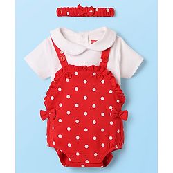 Babyhug 100% Cotton Knit Half Sleeves T-Shirt & Onesies with Hairband With Polka Dots - Red