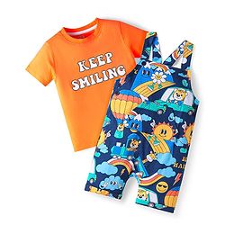 Babyhug Single Jersey Knit Dungaree & Half Sleeves T-Shirt With Animal Print - Blue & Orange
