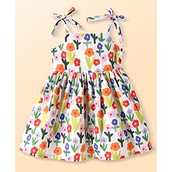 Babyhug Cotton Woven Sleeveless Anti Bacterial Frock with Floral Print - White Blue & Red