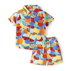 Babyhug Single Jersey Knit Half Sleeves Co-ords Shirt & Shorts Set with Fruits Print - Multicolor