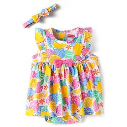 Babyhug 100% Cotton Knit Sleeveless Printed Onesies With Hairband - Yellow