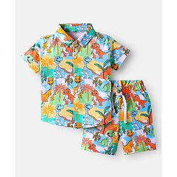 Babyhug Single Jersey Knit Half Sleeves Shirt & Shorts Co-Ord Set With Dino Print - Multicolor