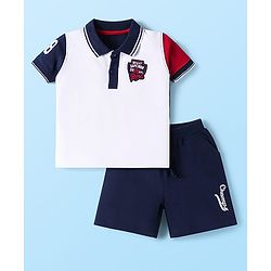 Babyhug Single Jersey Knit Half Sleeves T-Shirt & Shorts Set With Text Patch - White & Navy Blue