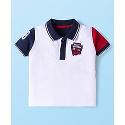 Babyhug Single Jersey Knit Half Sleeves T-Shirt & Shorts Set With Text Patch - White & Navy Blue