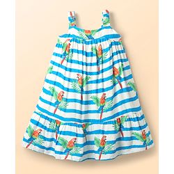 Babyhug Cotton Woven Sleeveless Striped Frock With Bird Print - Light Blue & White