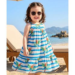 Babyhug Cotton Woven Sleeveless Striped Frock With Bird Print - Light Blue & White