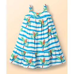 Babyhug Cotton Woven Sleeveless Striped Frock With Bird Print - Light Blue & White