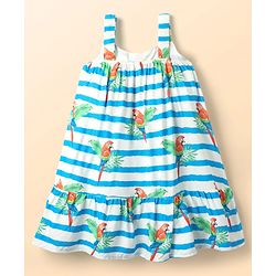 Babyhug Cotton Woven Sleeveless Striped Frock With Bird Print - Light Blue & White
