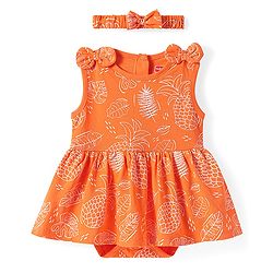 Babyhug 100% Cotton Knit Sleeveless Tropical Theme Printed Frock Style Onesie with Headband & Bow Applique - Orange