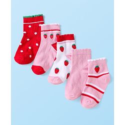 Cute Walk By Babyhug Knit Ankle Length Anti-Bacterial Socks with Strawberry Design Pack of 5 - Pink