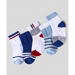 Cute Walk By Babyhug Knit Ankle Length Anti-Bacterial Socks with Stripes Pack of 5 - White & Blue