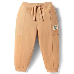 Babyhug Cotton Looper Knit Full Length Lounge Pant With Text Print - Tan