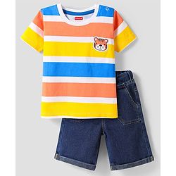 Babyhug Single Jersey Knit Half Sleeves T-Shirt & Denim Shorts Set with Tiger Patch & Stripes - Navy Blue & White