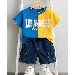 Babyhug Single Jersey Knit Half Sleeves Cut & Sew T-Shirt & Denim Shorts Set with Text Print - Blue & Yellow