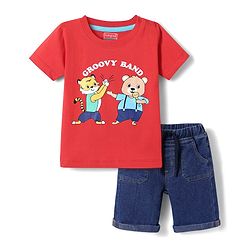 Babyhug Single Jersey Knit Half Sleeves T-Shirt & Denim Shorts Set With Animal Print - Red & Blue