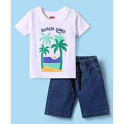 Babyhug Terry Knit Half Sleeves T-Shirt & Denim Shorts Set With Beach Theme Print - White & Blue