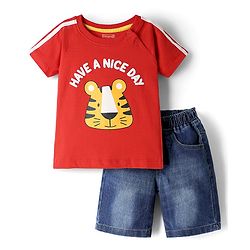 Babyhug Single Jersey Knit Half Sleeves T-Shirt & Denim Shorts Set with Tiger Print & Tape Detailing - Red