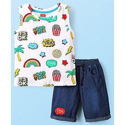 Babyhug Single Jersey Knit Sleeves T-Shirt & Shorts Set with Good Vibes Printed - Navy Blue & White