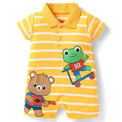 Babyhug 100% Cotton Knit Half Sleeves Striped Romper With Animal Print - Yellow