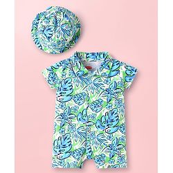 Babyhug 100% Cotton Knit Half Sleeves Romper with Cap and Floral Print - Light Blue