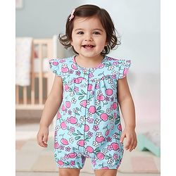 Babyhug 100% Cotton Knit Frill Sleeves Romper With Floral Print - Light Blue