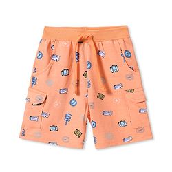 Babyhug Cotton Knit  Mid Thigh Shorts Travel Theme Print - Ligh Orange