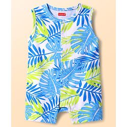 Babyhug 100% Cotton Knit Sleeveless Front Open Rompers with Leaves Print & Stripes Pack of 2 - Light Blue & Green
