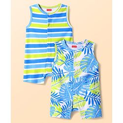 Babyhug 100% Cotton Knit Sleeveless Front Open Rompers with Leaves Print & Stripes Pack of 2 - Light Blue & Green
