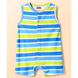Babyhug 100% Cotton Knit Sleeveless Front Open Rompers with Leaves Print & Stripes Pack of 2 - Light Blue & Green