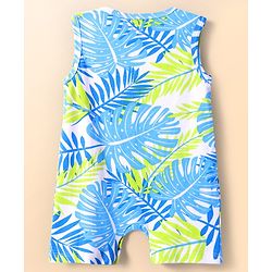 Babyhug 100% Cotton Knit Sleeveless Front Open Rompers with Leaves Print & Stripes Pack of 2 - Light Blue & Green