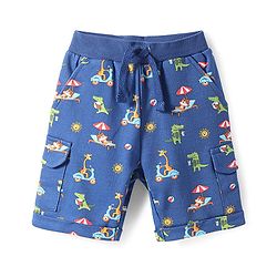 Babyhug Cotton Knit Mid Thigh Shorts with Animal Print - Navy Blue