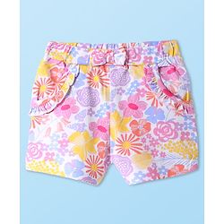 Babyhug Cotton Knit Mid Thigh Shorts with Bow Applique & Floral Print - Pink & Purple