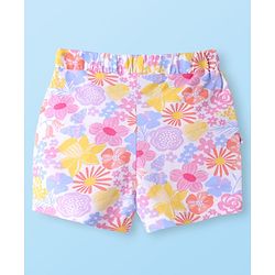 Babyhug Cotton Knit Mid Thigh Shorts with Bow Applique & Floral Print - Pink & Purple