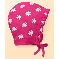 Babyhug 100% Cotton Knit Bonnet Bonnet Caps With Floral Print Pack of 2 - Dark Pink & Navy Blue