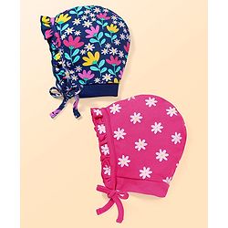 Babyhug 100% Cotton Knit Bonnet Bonnet Caps With Floral Print Pack of 2 - Dark Pink & Navy Blue