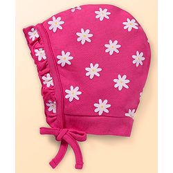 Babyhug 100% Cotton Knit Bonnet Bonnet Caps With Floral Print Pack of 2 - Dark Pink & Navy Blue