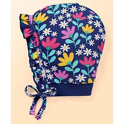 Babyhug 100% Cotton Knit Bonnet Bonnet Caps With Floral Print Pack of 2 - Dark Pink & Navy Blue