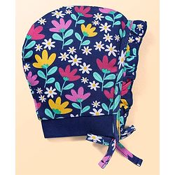 Babyhug 100% Cotton Knit Bonnet Bonnet Caps With Floral Print Pack of 2 - Dark Pink & Navy Blue