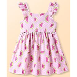 Babyhug Cotton Woven Frill Sleeves Frock With Watermelon Print - Light Pink