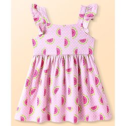 Babyhug Cotton Woven Frill Sleeves Frock With Watermelon Print - Light Pink
