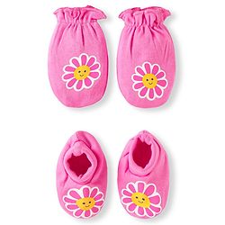 Babyhug 100% Cotton Knit Mittens & Booties with Floral Print - Pink