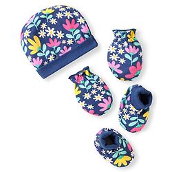 Babyhug 100% Cotton Knit Cap Mittens & Booties With Floral Print - Navy Blue