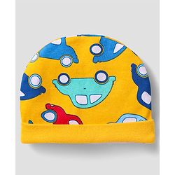 Babyhug 100% Cotton Cap Mittens And Booties Vehicle Printed - Yellow Packet Dim- 19x18cm, Cap Diameter-11x12cm, Mittens- 9cm, Bootties- 9.5cm, Age-Preemie, Pieces- 5