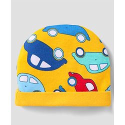 Babyhug 100% Cotton Cap Mittens And Booties Vehicle Printed - Yellow Packet Dim- 19x18cm, Cap Diameter-11x12cm, Mittens- 9cm, Bootties- 9.5cm, Age-Preemie, Pieces- 5