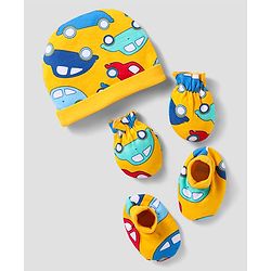 Babyhug 100% Cotton Cap Mittens And Booties Vehicle Printed - Yellow Packet Dim- 19x18cm, Cap Diameter-11x12cm, Mittens- 9cm, Bootties- 9.5cm, Age-Preemie, Pieces- 5
