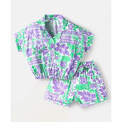Babyhug Rayon Woven Half Sleeves Shirt Styled Top & Shorts Co-Ord Set With Leaf Print - Purple