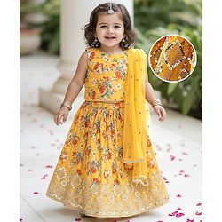 Babyhug Woven Sleeveless Choli Lehenga Set with Dupatta Set with Floral Print & Sequin Detailing - Mustard