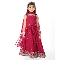 Babyhug Woven Sleeveless Embroidered Lehenga Choli Set with Dupatta & Floral Design & Lace Detailing - Dark Pink