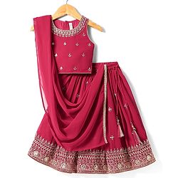 Babyhug Woven Sleeveless Embroidered Lehenga Choli Set with Dupatta & Floral Design & Lace Detailing - Dark Pink