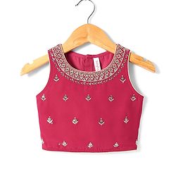 Babyhug Woven Sleeveless Embroidered Lehenga Choli Set with Dupatta & Floral Design & Lace Detailing - Dark Pink